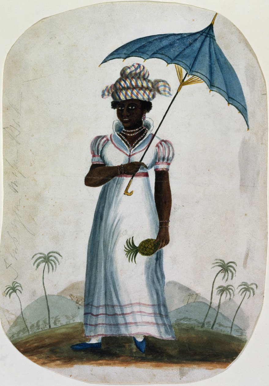 Nainen päivänvarjolla ja ananaksella, n. 1840 (wc paperilla) tekijältä English School