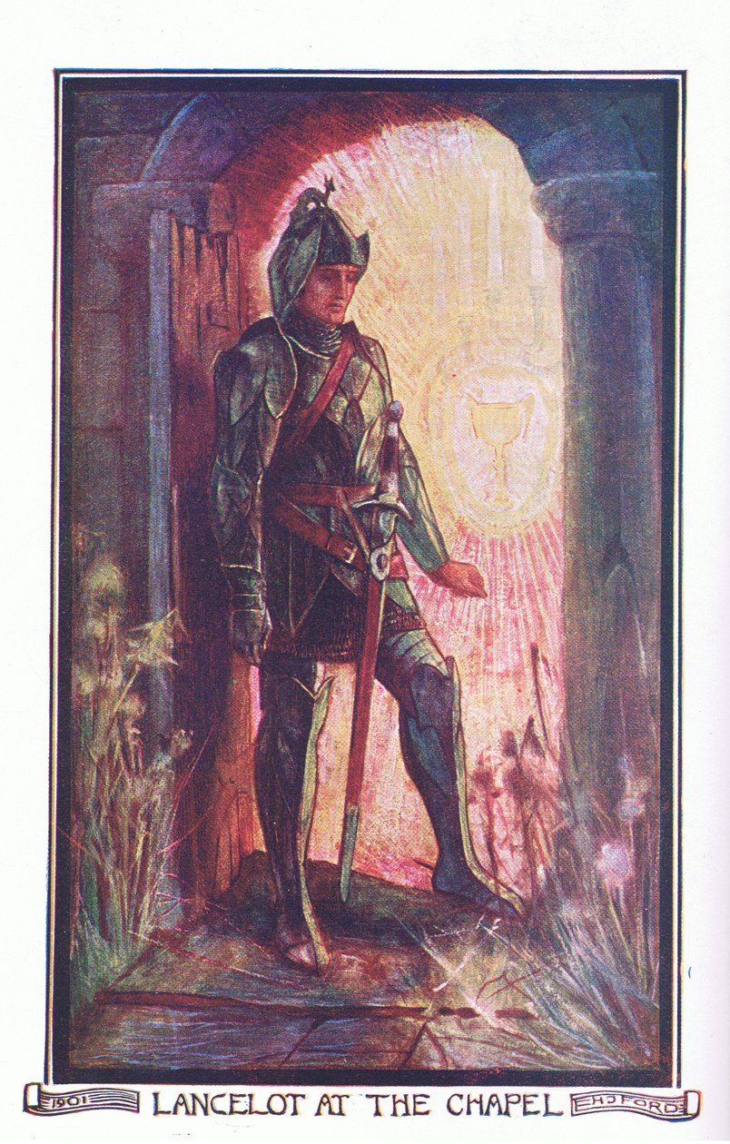 Lancelot kappelissa, kuvitus Longmans Greenin ja Co:n julkaisemasta The Book of Romancesta tekijältä English School