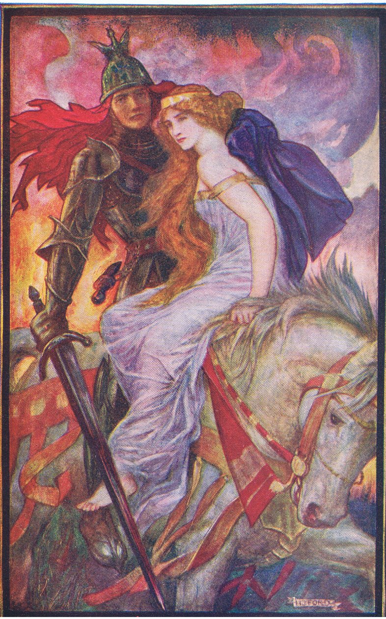 Lancelot kantaa Gueneveren kuvitusta Longmans Greenin ja Co:n julkaisemasta The Book of Romancesta tekijältä English School