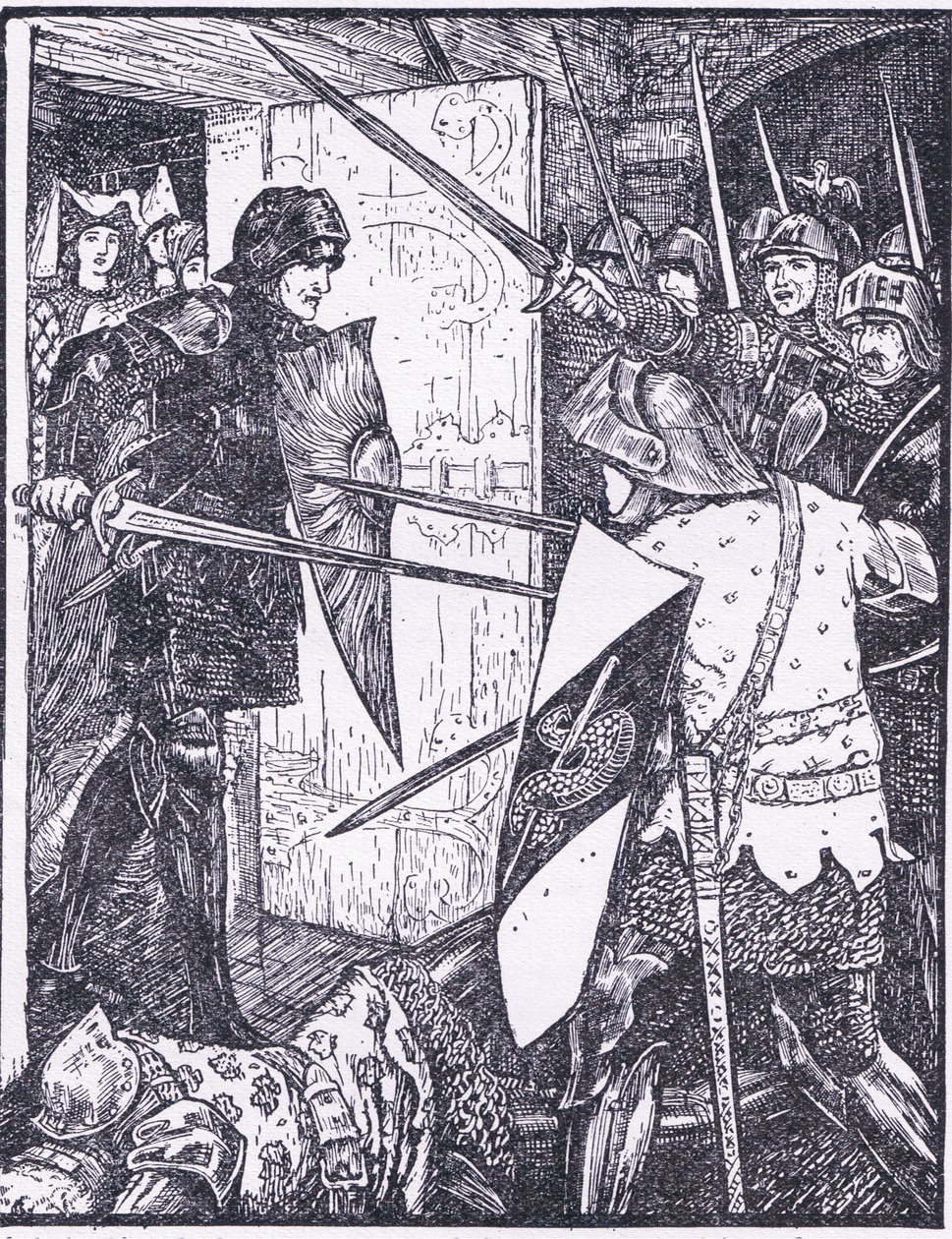 Lancelot tulee ulos Gueneveren huoneesta, kuvitus Longmans Greenin ja Co:n julkaisemasta The Book of Romancesta tekijältä English School