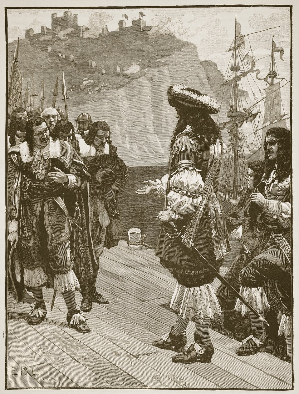 Charles II:n laskeutuminen Doveriin, 26. toukokuuta 1660, kuva Cassells Illustrated History of Englandista (seepiakuva) tekijältä English School