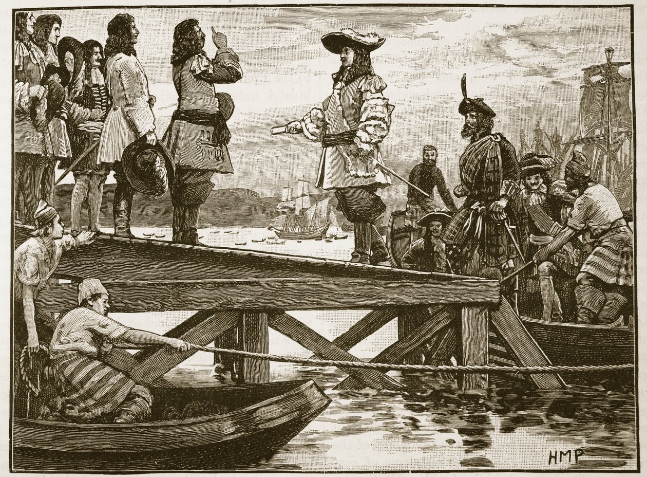 Marshall Schombergin maihinnousu Carrickfergusissa, kuvitus Cassells Illustrated History of Englandista (seepiakuva) tekijältä English School