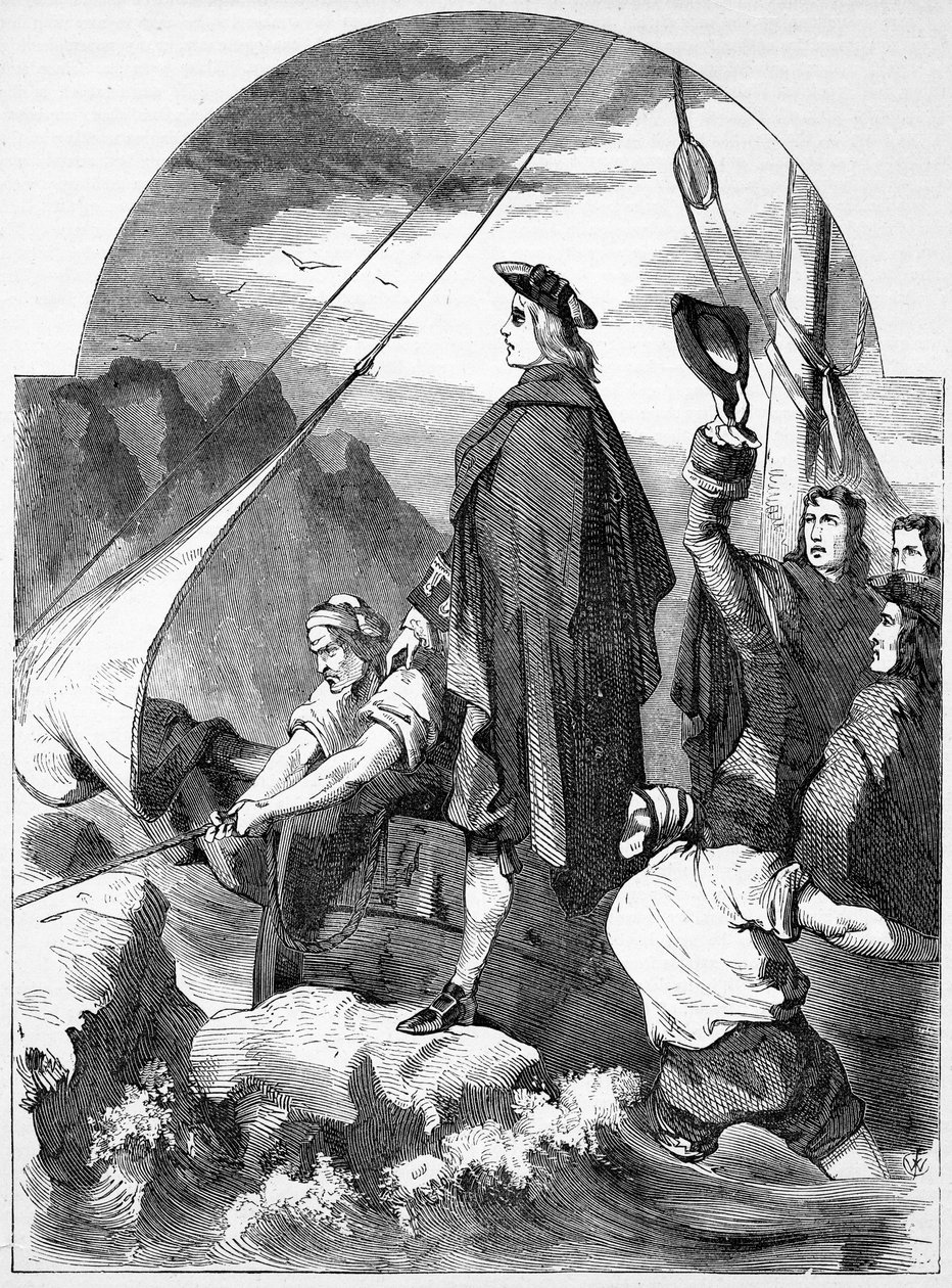 Chevalier de St. Georgen laskeutuminen Skotlannissa, kuvitus "John Cassellin kuvitetusta Englannin historiasta", julkaistu n. 1858 tekijältä English School