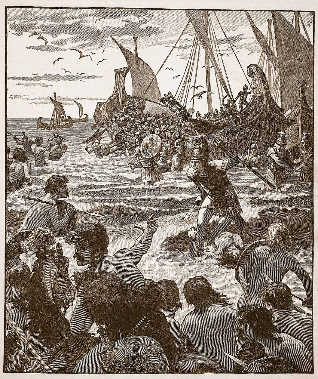 Roomalaisten maihinnousu Kentin rannikolla, kuvitus Cassells Illustrated History of Englandista (seepiakuva) tekijältä English School