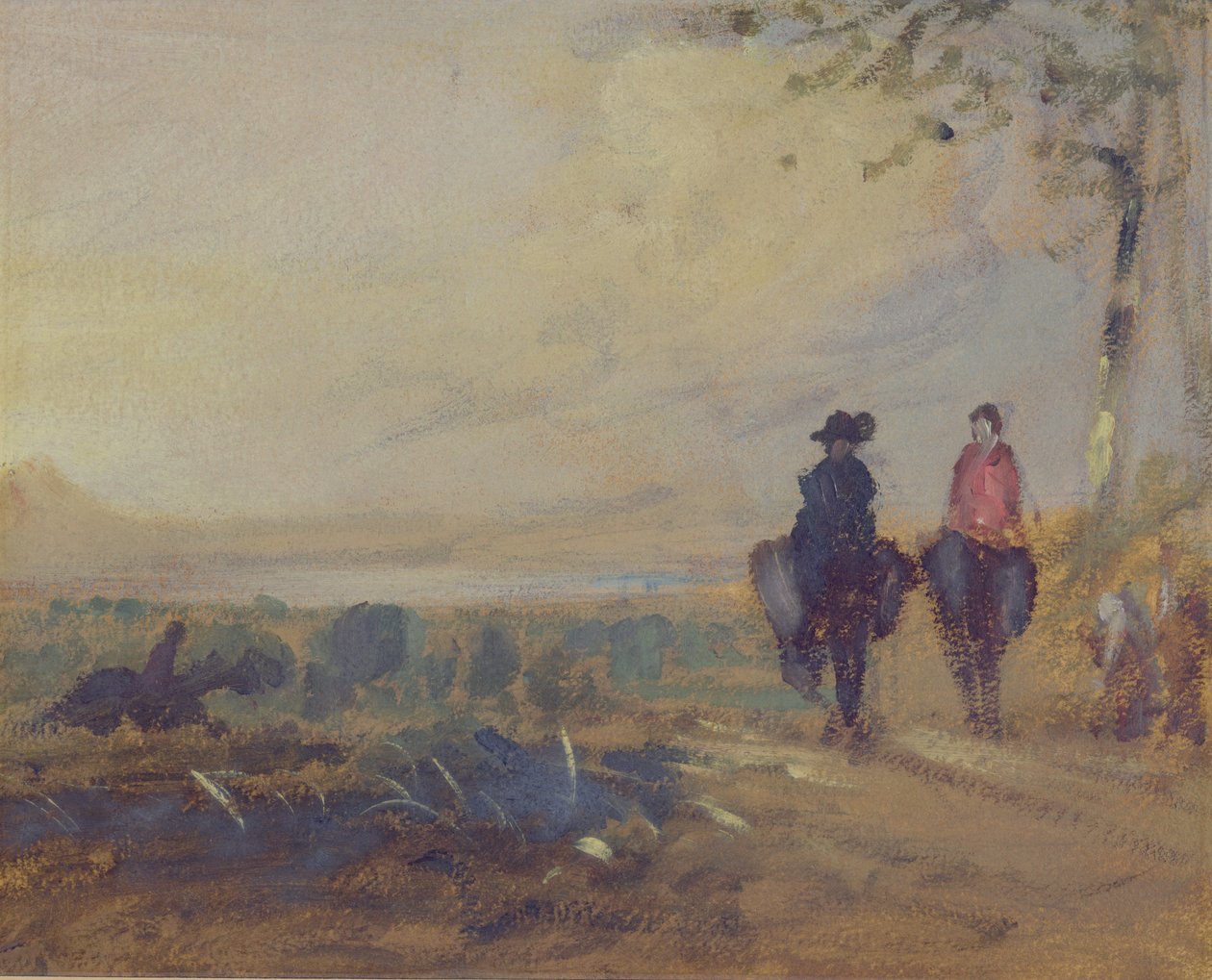 Maisema järven kanssa ja kaksi hahmoa ratsastamaan, aiemmin J.M.W. Turner (1775-1851) ja myös Peter de Wint (1784-1849), 1815-25 (öljy paperille) ansioksi. tekijältä English School
