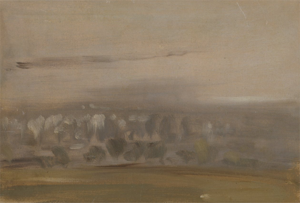 Maisema puiden kanssa rinteessä (metsäinen laakso, nähtynä sumun läpi), jonka aiemmin katsottiin olevan J.M.W. Turner (1775-1851) ja myös Peter de Wint (1784-1849) (öljy paperille) tekijältä English School