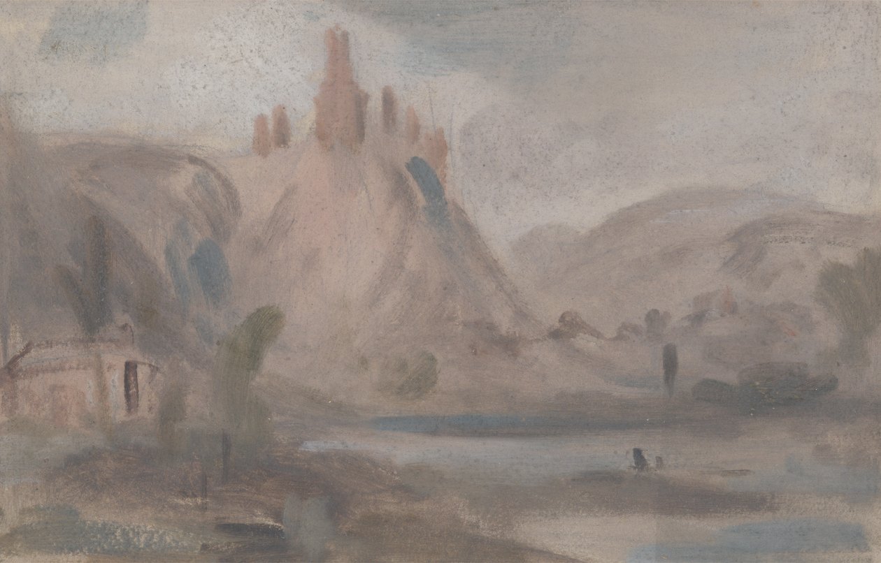 Maisema ja linna kukkulalla, aiemmin J.M.W. Turner (1775-1851) ja myös Peter de Wint (1784-1849) (öljy paperille) tekijältä English School