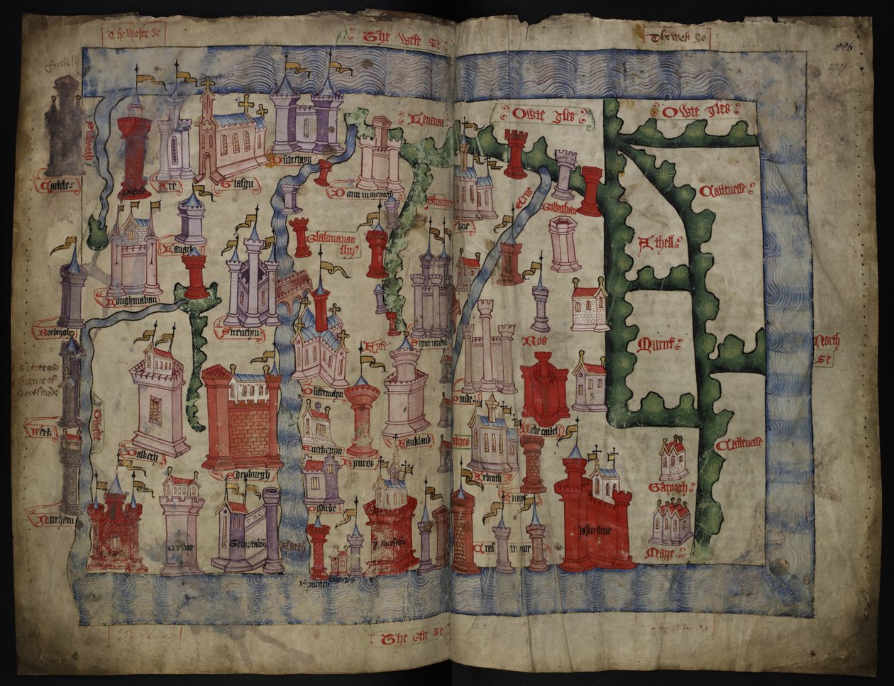 Lansdowne 204 ff.225v & 226 Skotlannin kartta, kirjoittanut John Harding, n. 1450 (muste ja tempera pergamentilla) tekijältä English School