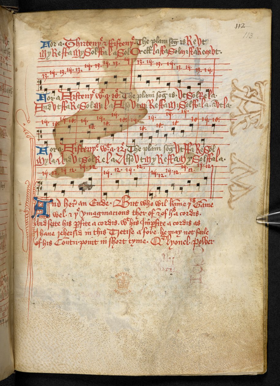 Lansdowne 763, f.113r, 1500-luvulla melko vellumille kirjoitettu osa, joka sisältää ikivanhoja ja erittäin mielenkiintoisia eri kirjoittajien musiikkia käsitteleviä tutkielmia. tekijältä English School