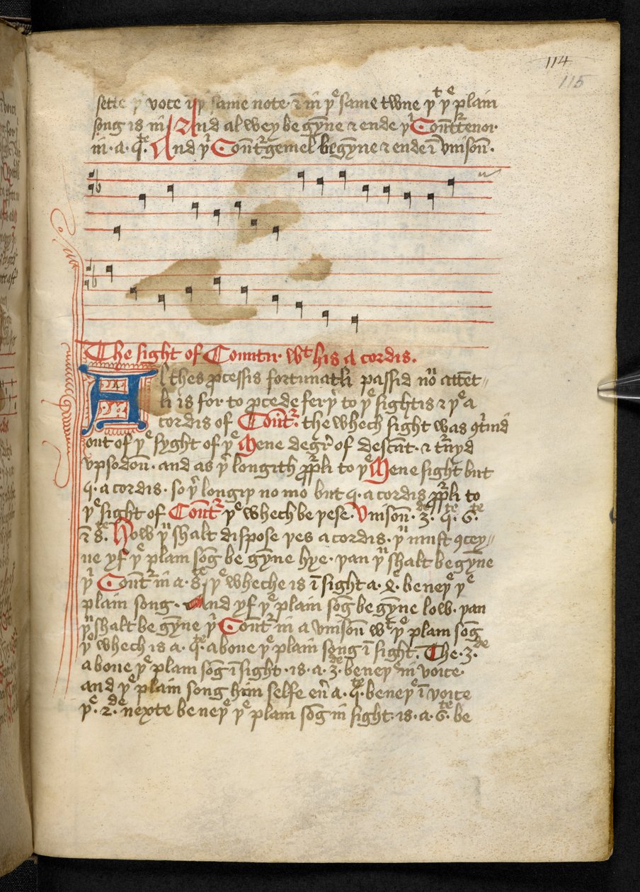 Lansdowne 763, f.115r, 1400-luvulla melko vellum-paperille kirjoitettu osa, joka sisältää ikivanhoja ja erittäin mielenkiintoisia eri kirjoittajien musiikillisia tutkielmia. tekijältä English School