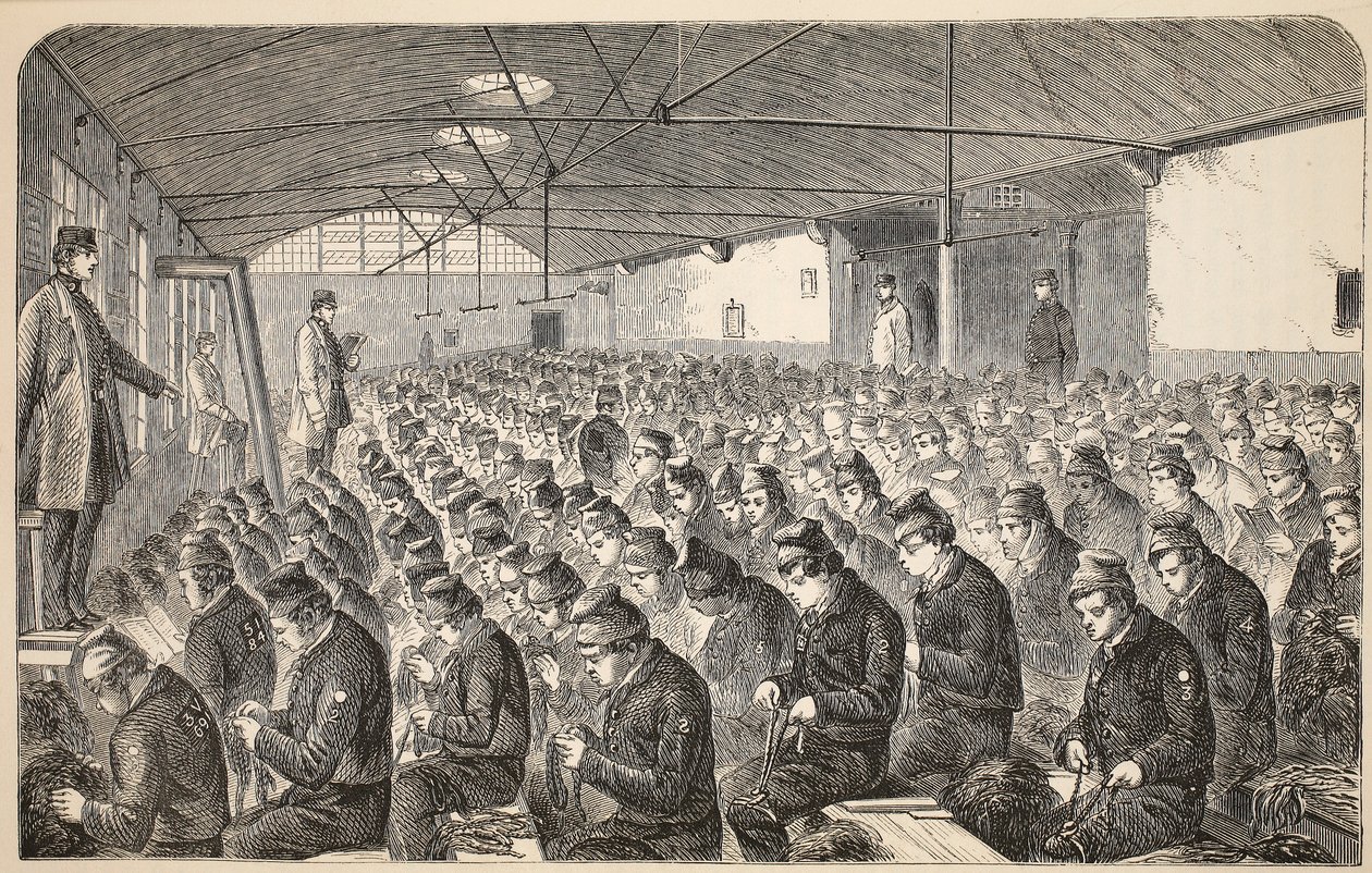 Suuri Oakum-huone (Silent Systemin alla) Middlesex House of Correctionissa, Coldbath Fields, kuvitus Lontoon rikosvankiloista ja kohtauksia vankilaelämästä Henry Mayhew ja John tekijältä English School