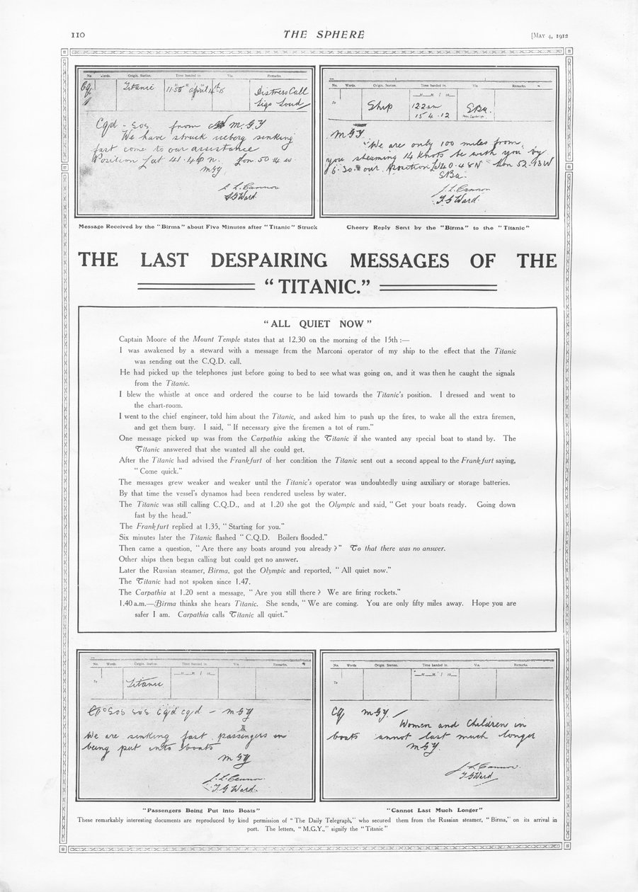 Titanicin viimeiset viestit, The Spherestä, 4. toukokuuta 1912 tekijältä English School