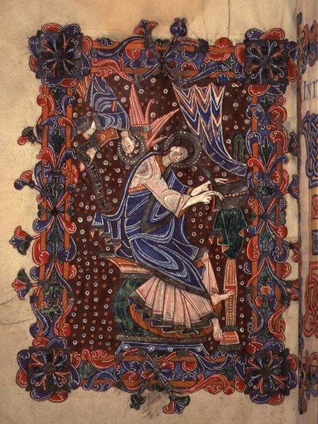Lat 14782 f.16v Pyhä Matteus kirjoittaa evankeliumiaan, n.1080 (vellum) tekijältä English School