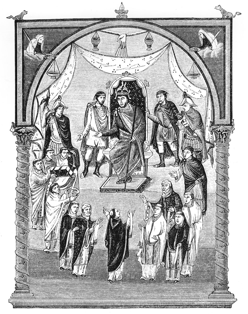 Lat 1 f.423r Kaarle Kalju, Ranskan kuningas (823-77) valtaistuimella, Abbot Vivianin tilaus St. Martinin luostarista Toursissa, Charles Kaljun ensimmäisestä Raamatusta, 843-51, kuva tekijältä English School