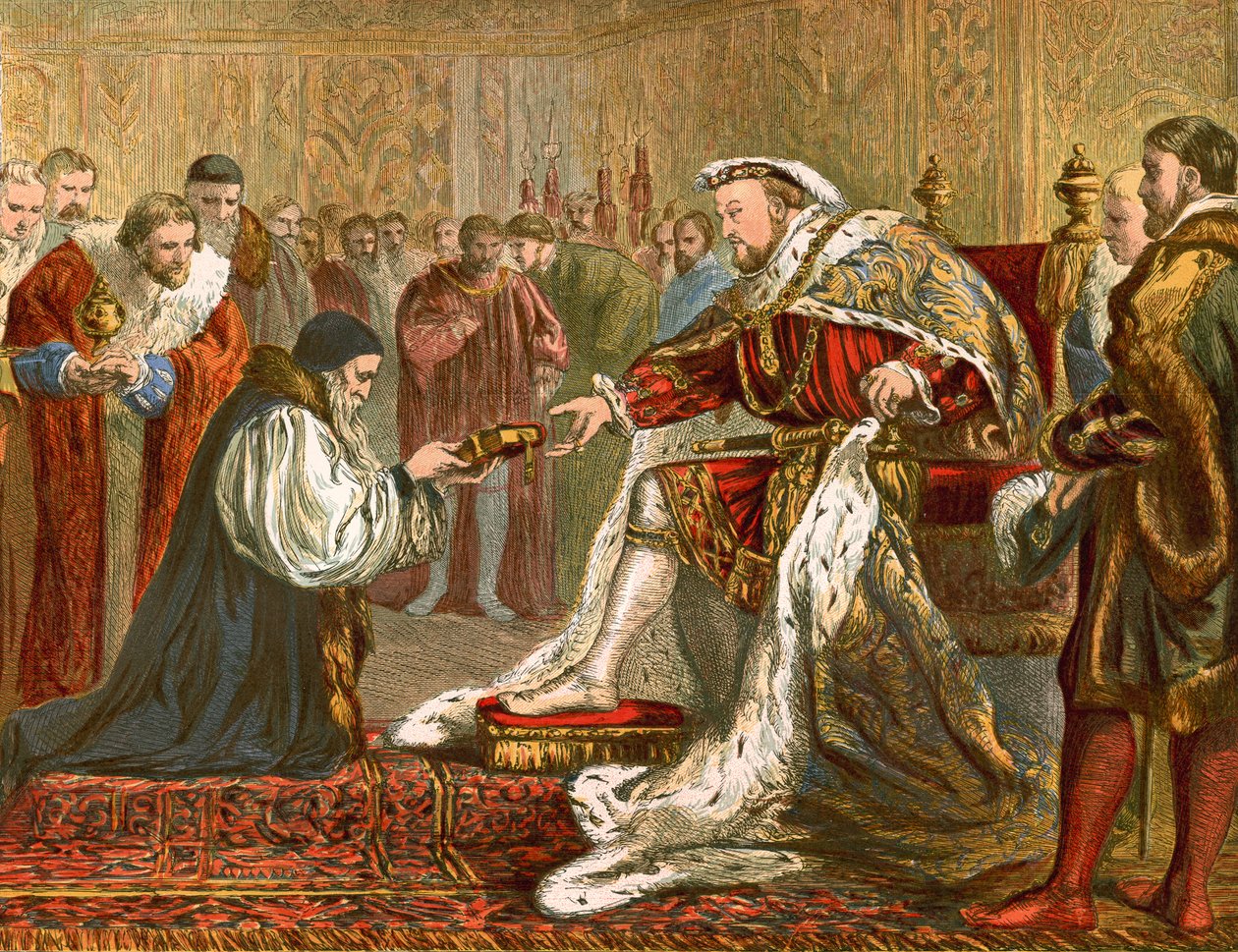 Latimer esittelee Raamattua Henrik VIII:lle (värillinen kaiverrus). tekijältä English School