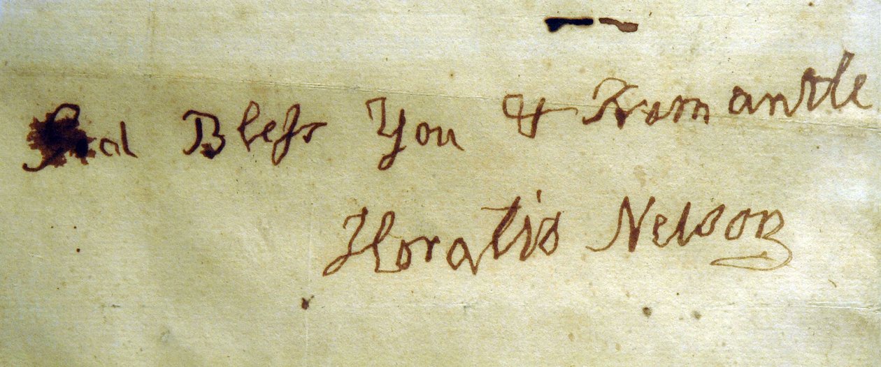 Admiral Lord Nelsonin vasenkätinen kirjoitus (kynä ja muste paperille) tekijältä English School