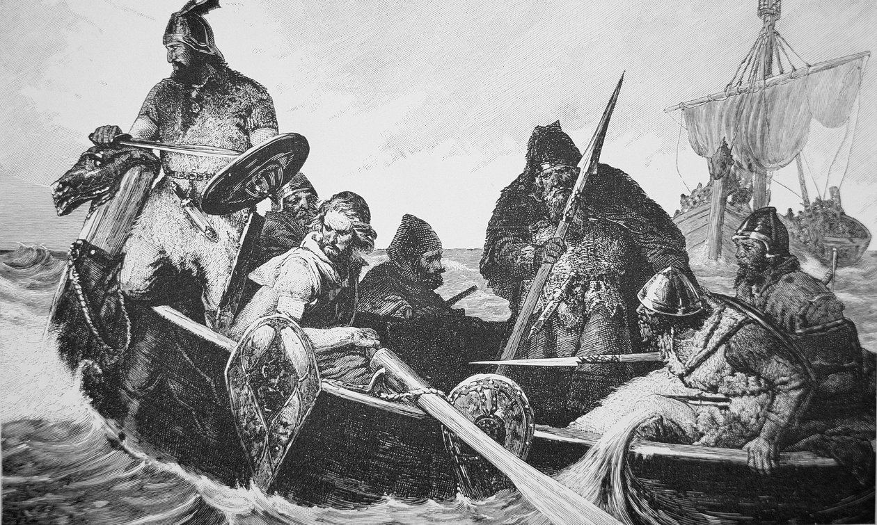 Leif Ericson löytää Vinland the Goodin rannan, luultavasti Newfoundlandin (kaiverrus) tekijältä English School