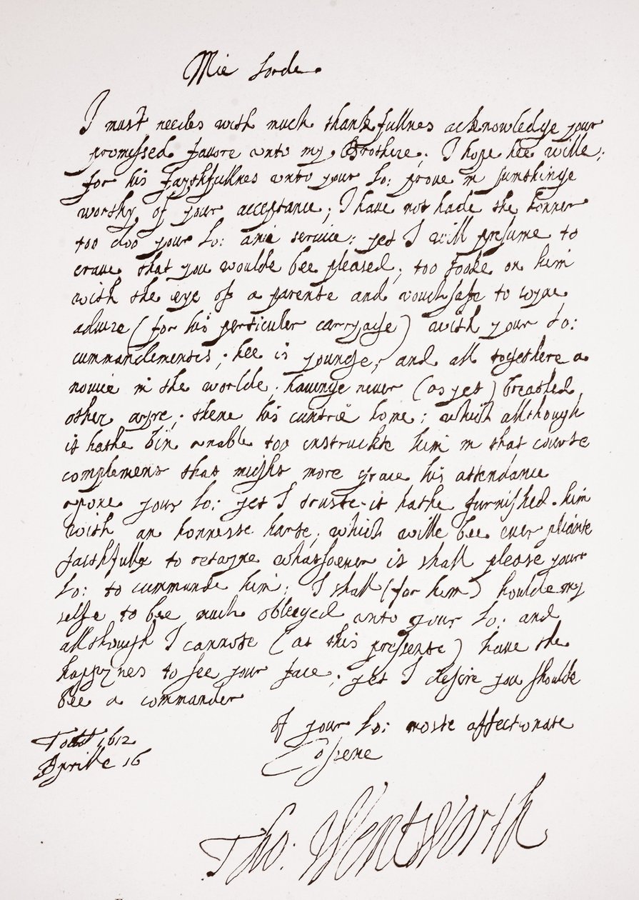 Thomas Wentworthin kirje, 16. huhtikuuta 1612 tekijältä English School