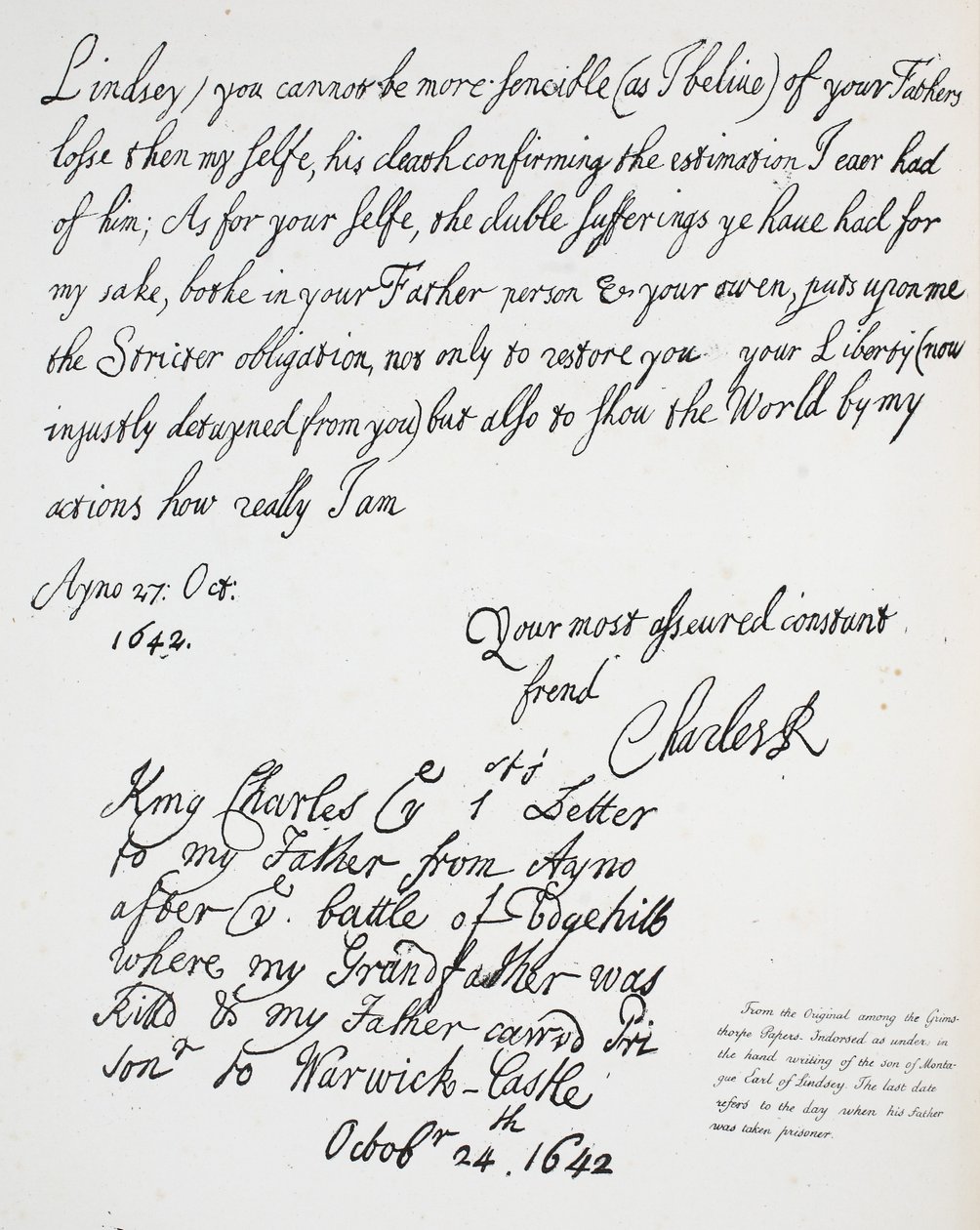 Kirje Charles II:lta Montaguelle, Earl of Lindseylle, 27. lokakuuta 1642 tekijältä English School