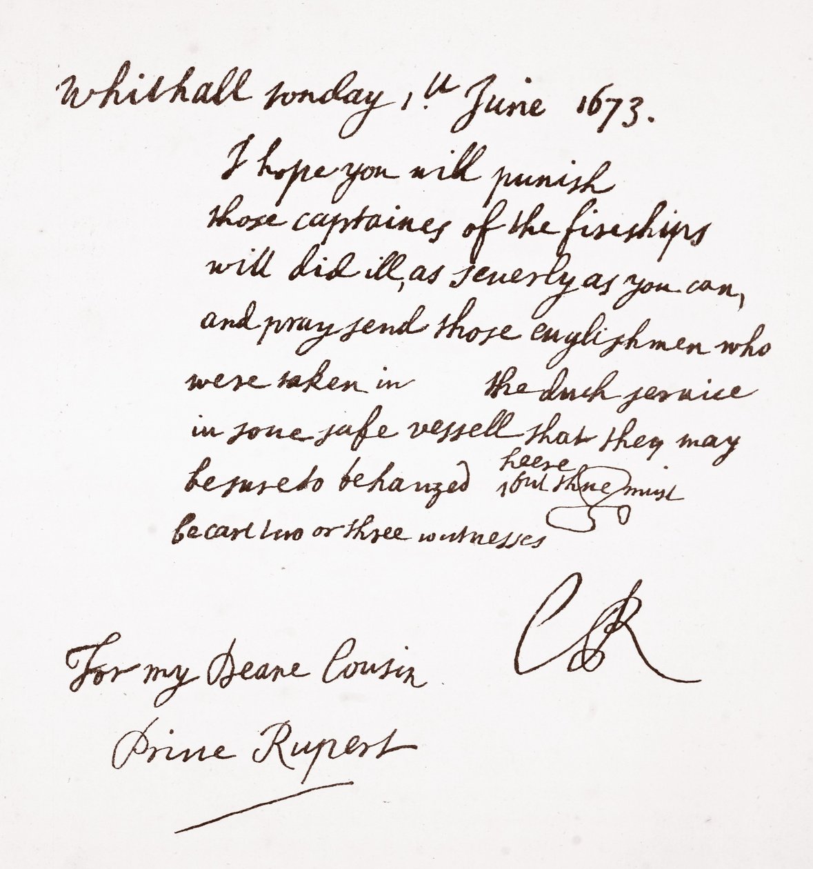 Charles II:n kirje prinssi Rupertille, 1. kesäkuuta 1673 tekijältä English School
