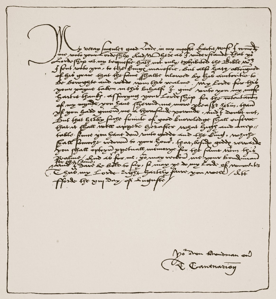 Cranmerin kirje Cromwellille, jossa hän kiitti häntä Kings-valtuutuksen saamisesta Matthews English Biblelle, 1537, The Church of England: A History for the People kirjoittaja H.D.M. Spence-Jones, pubi. c.191 tekijältä English School