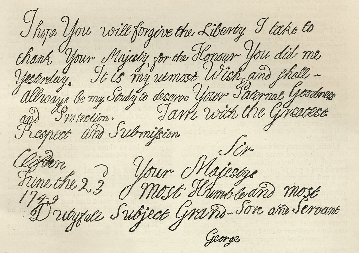 George III:n kirje isoisälleen kuninkaalle, 23. kesäkuuta 1749, julkaistu julkaisussa "Leisure Hour", 1891 (litho) tekijältä English School