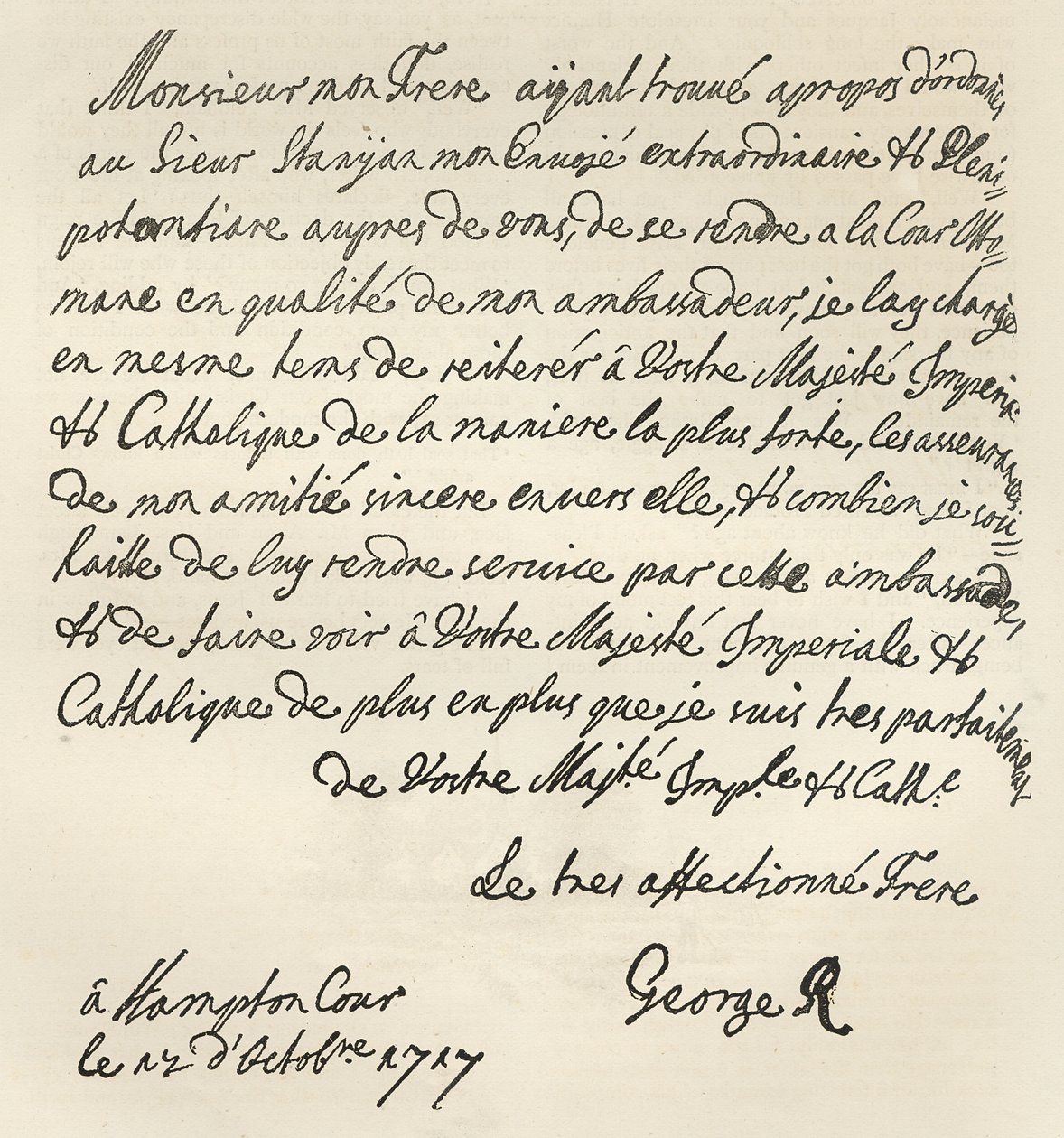 George I:n kirje Kaarle VI:lle, 1717, julkaistu Leisure Hourissa, 1891 tekijältä English School