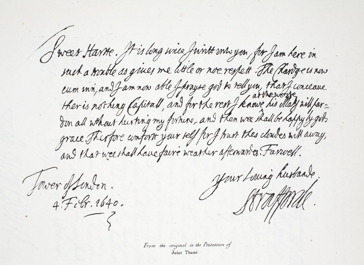 Lordi Straffordin kirje vaimolleen Lontoon Towerista, 4. helmikuuta 1640 tekijältä English School
