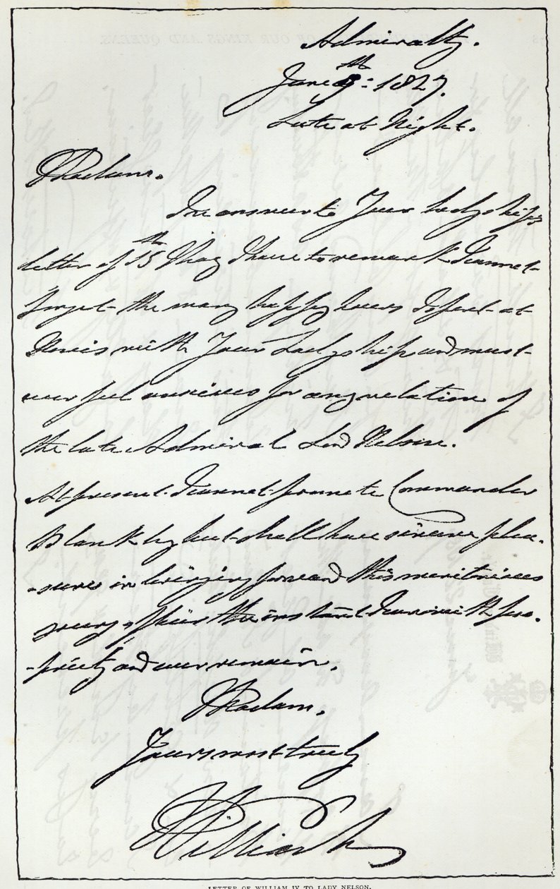William IV:n kirje Lady Nelsonille, 1827, julkaistu Leisure Housessa, 1891 tekijältä English School
