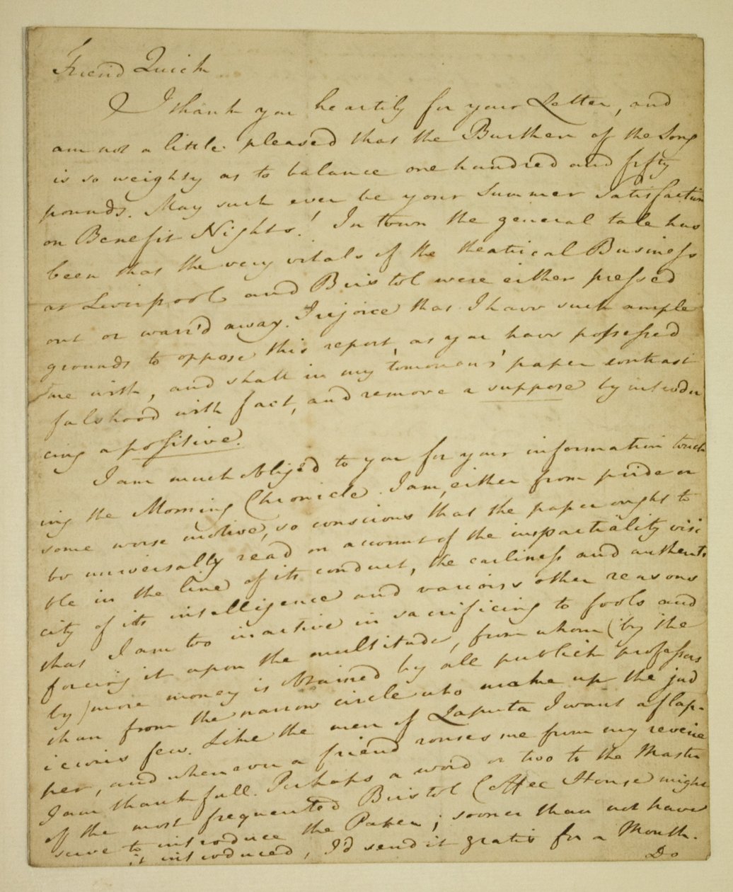 William Woodfallin (1746-1803) kirje näyttelijä John Quickille (1748-1831) John Hendersonin myönteisistä arvosteluista Haymarketissa tekijältä English School