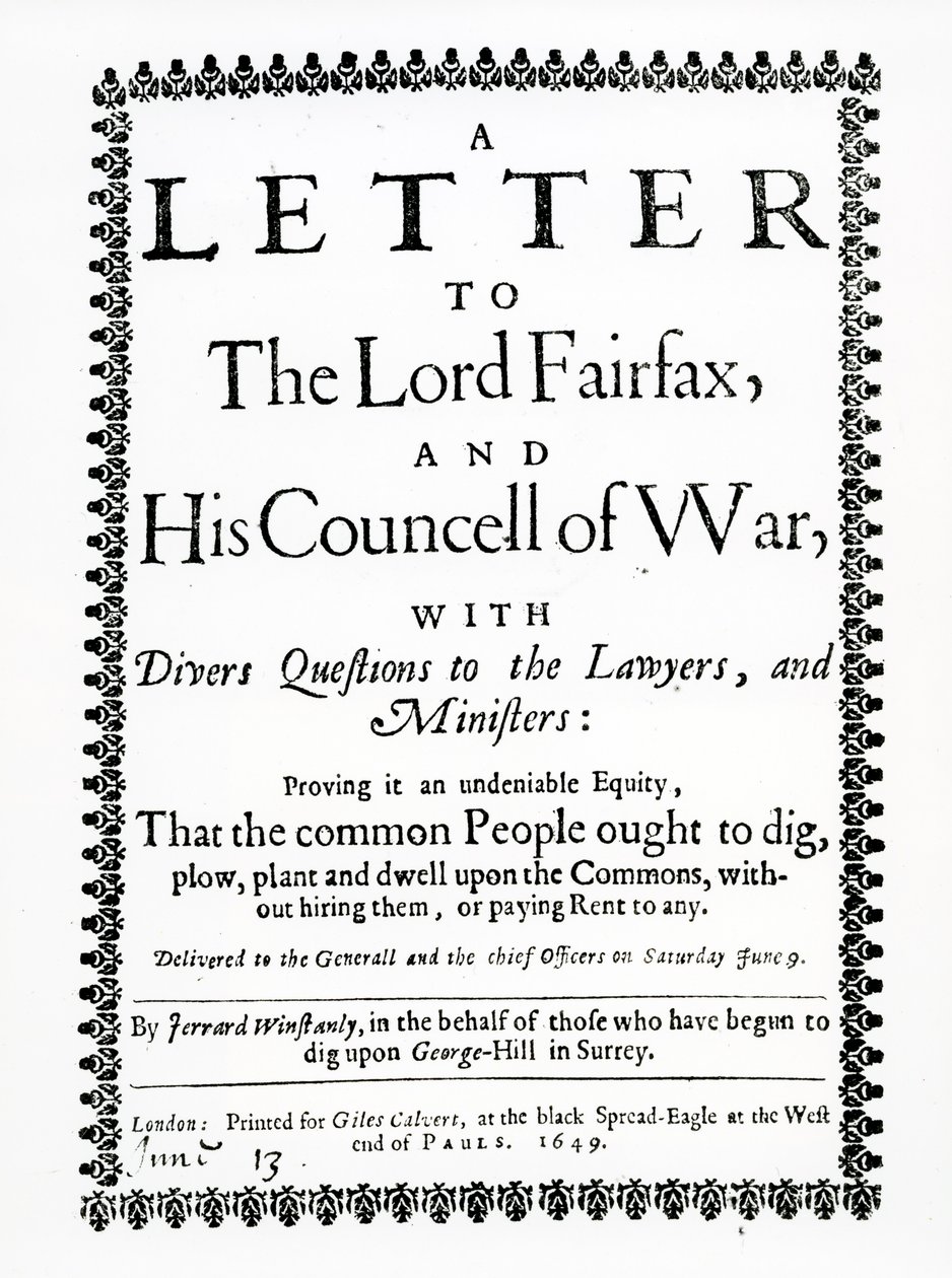 Kirje Lord Fairfaxille Gerrard Winstanleylta (n. 1609–1660) St. George Hillin, Surreyn kaivajien puolesta, painettu 1649 tekijältä English School