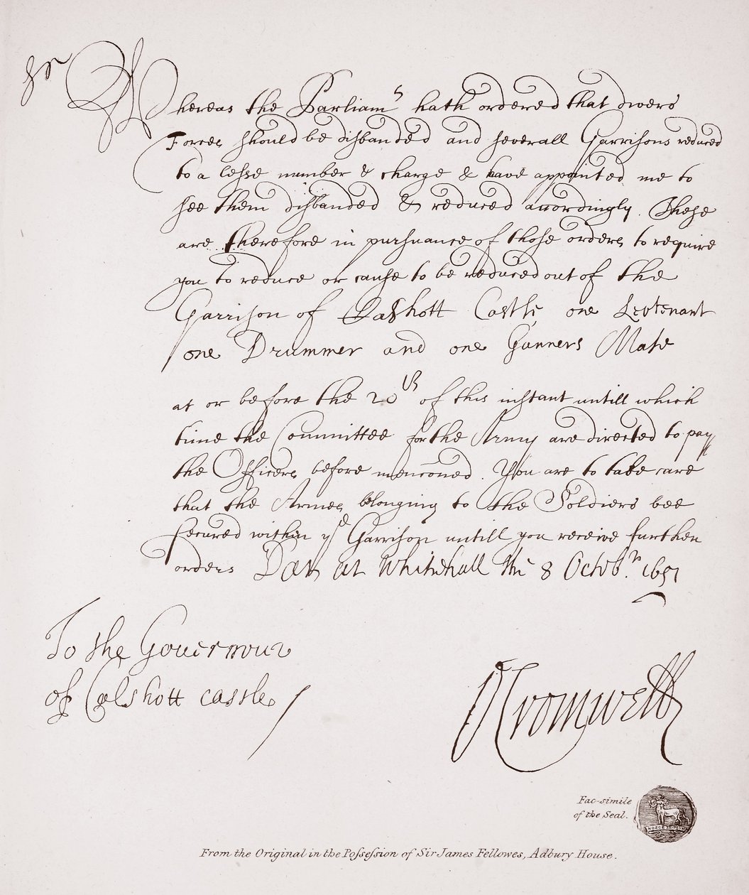 Oliver Cromwellin kirje Calshottin linnan kuvernöörille, 1651, faksimile alkuperäisestä, Sir James Fellowesin hallussa Adbury Housesta tekijältä English School