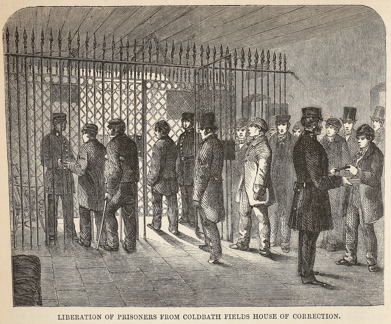 Vankien vapauttaminen Coldbath Fields House of Correctionista, kuvitus Lontoon rikosvankiloista ja Henry Mayhew