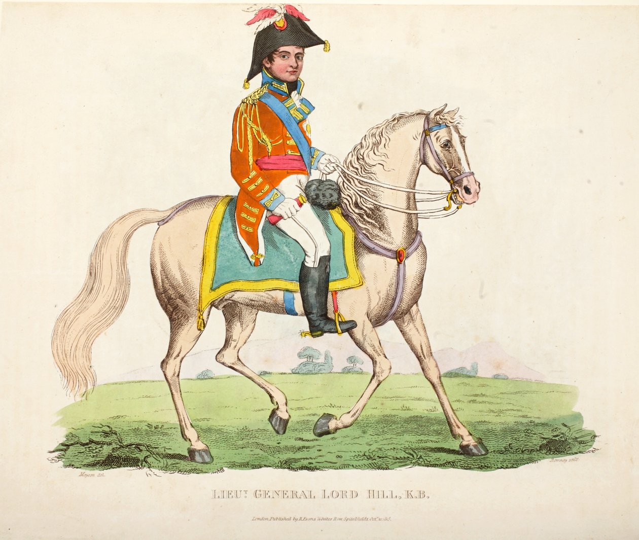 Kenraaliluutnantti Lord Hill KB, pub. kirjoittanut Richard Evans, engr Romney, kuvitus William Mudfordin historiallisesta kertomuksesta Waterloon taistelusta, 1816 tekijältä English School