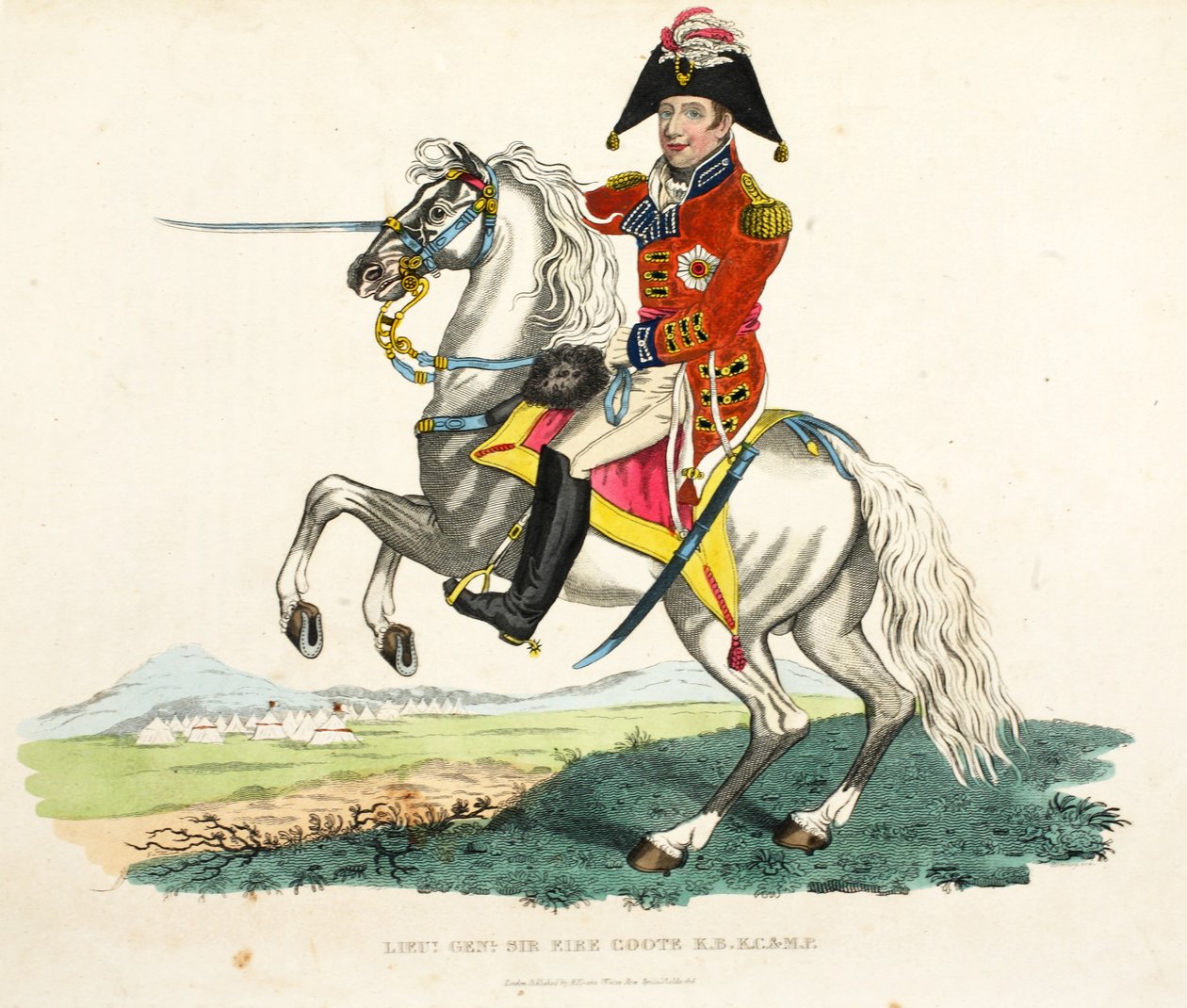 Kenraaliluutnantti Sir Eire Coote KB, KC ja MP, pub. kirjoittanut Richard Evans, engr Romney, kuvitus William Mudfordin historiallisesta kertomuksesta Waterloon taistelusta, 1816 tekijältä English School