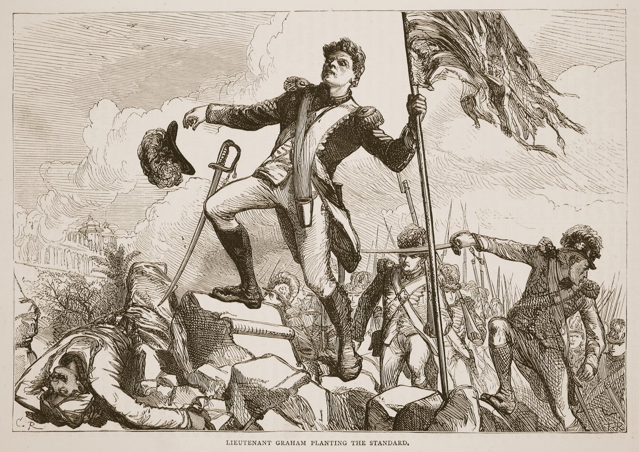 Luutnantti Graham istuttaa standardia, kuvitus Cassells Illustrated History of Indiasta, James Grant, pubi. 1879 tekijältä English School