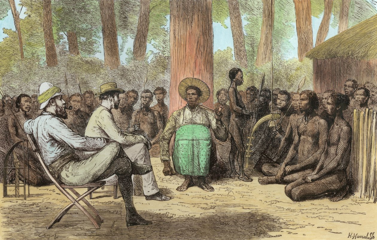 Luutnantti Verney Lovett Camerons (1844-94) Katenden vastaanotto, Horace Harralin kaiverrus (myöhempi väritys) tekijältä English School