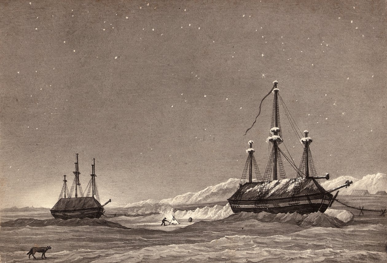Luutnantti William Parryn ensimmäinen matka: H.M.S. Hecla ja H.M.S. Griper in Winter Harbour, n. 1819 (kynä ja muste ja pesu paperille) tekijältä English School