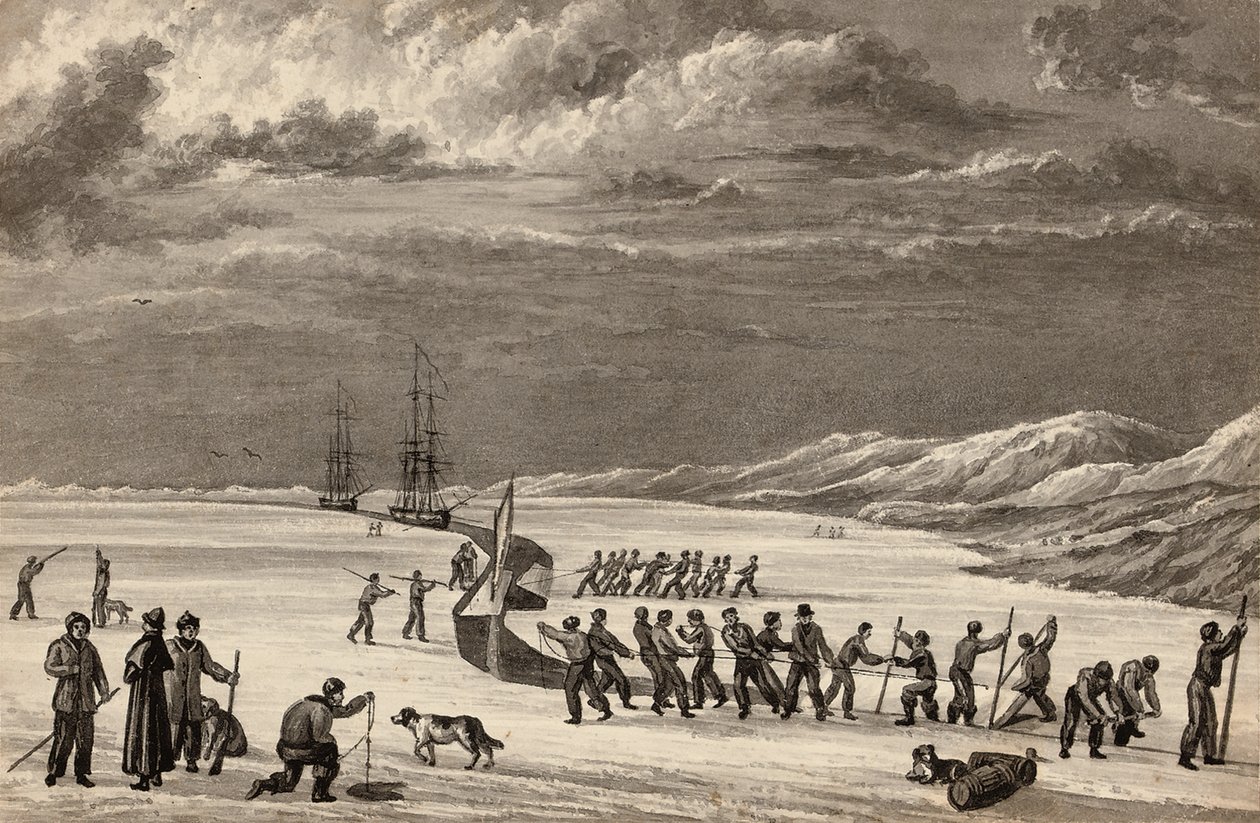 Luutnantti William Parryn ensimmäinen matka: H.M.S. Heclan ja H.M.S. Griperin miehistöt leikkaamassa Winter Harbouriin, n. 1819 tekijältä English School