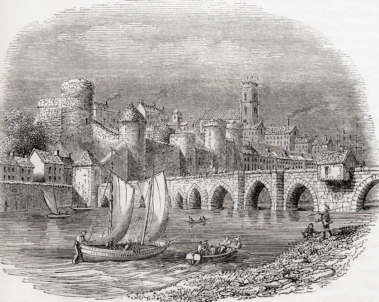 Limerick, Limerickin kreivikunta, Irlanti, jossa näkyy kuningas Johanneksen linna Shannon-joen varrella ja Thomandin silta, Vanhasta Englannista: A Pictorial Museum, pub. 1847 tekijältä English School