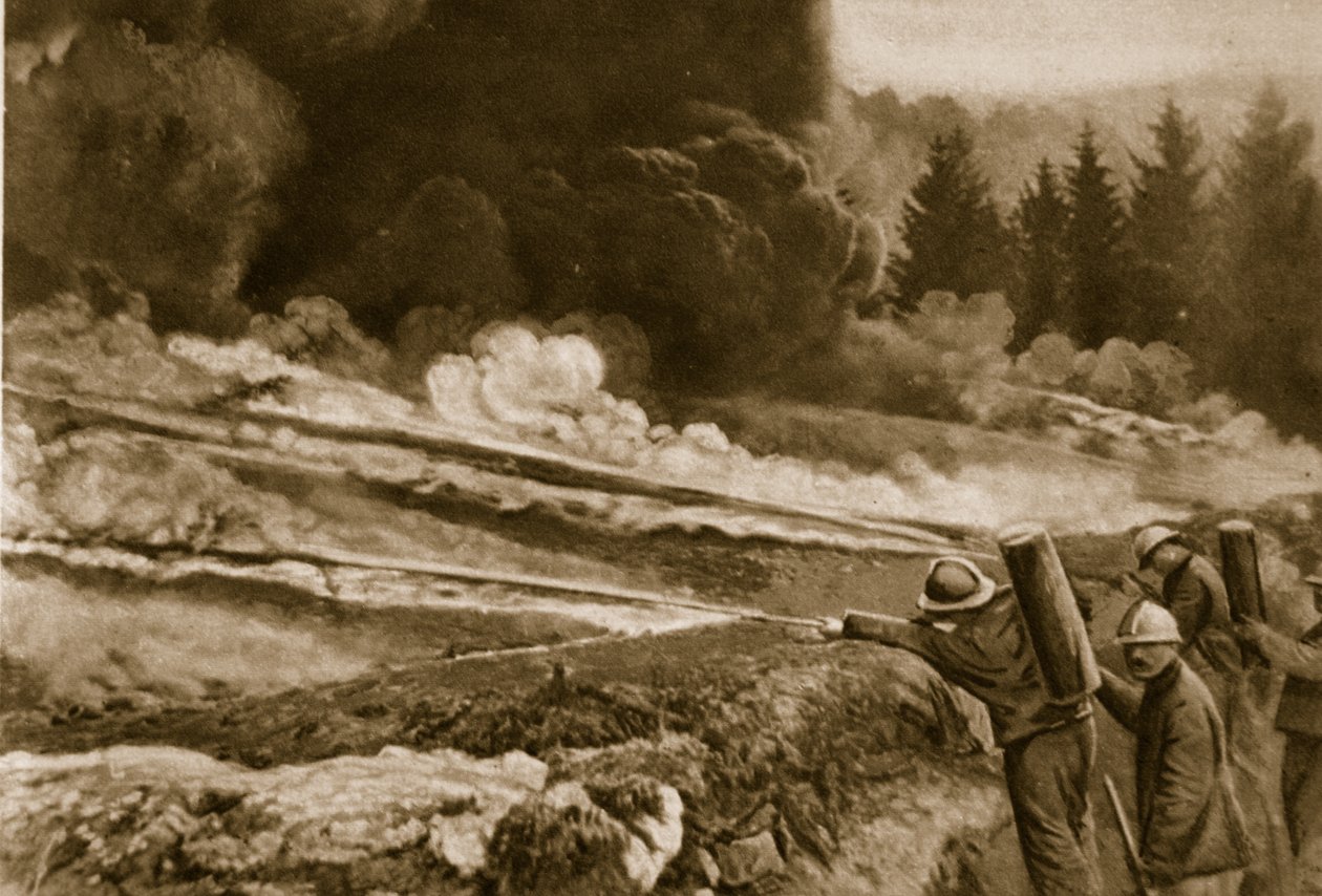 Nestemäinen tuli, ensin saksalaisten käyttöön, liittoutuneiden menestyksekkäästi omaksuttu 1914-1919 tekijältä English School
