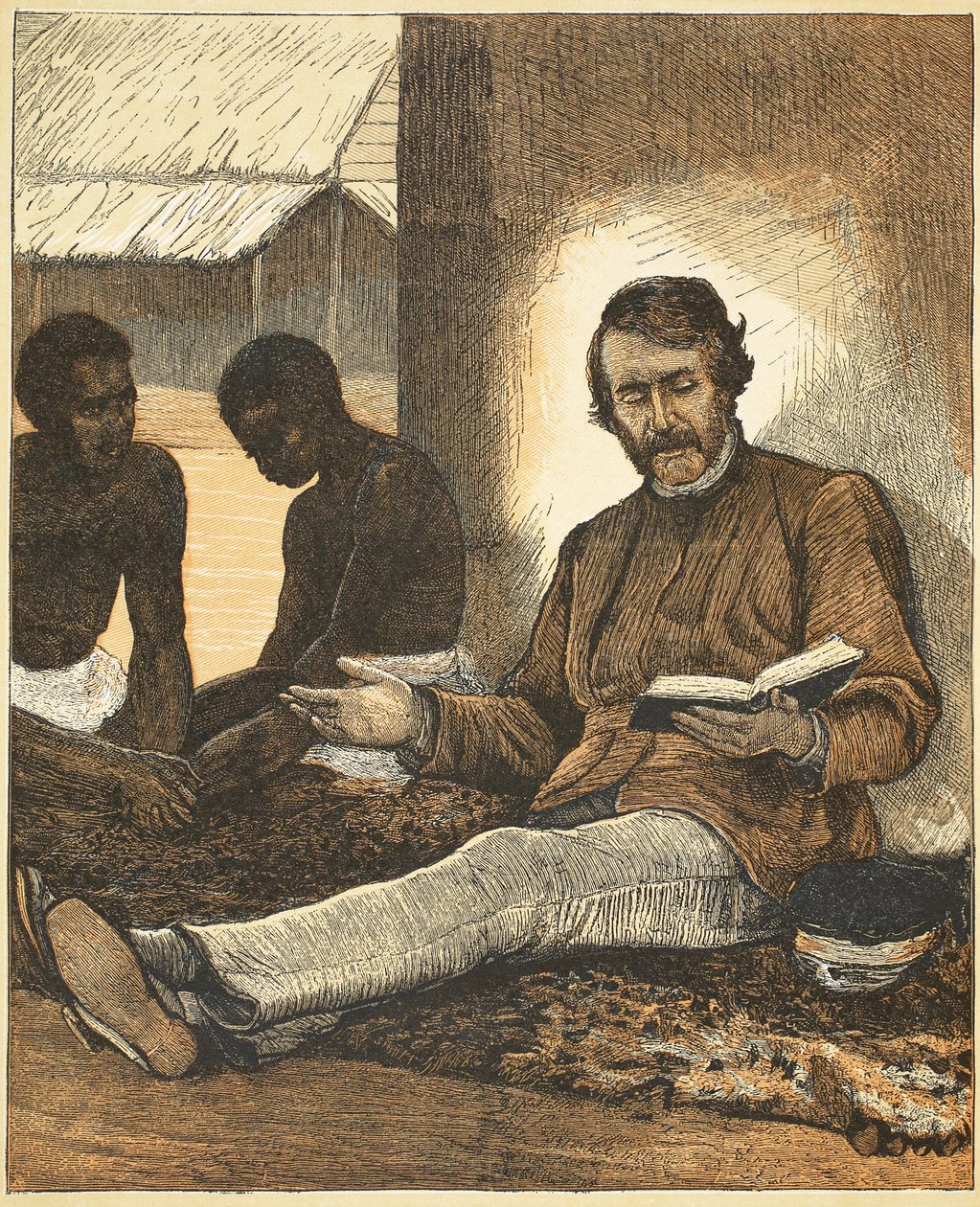 Livingstone, kuvitus J. Ewing Richien David Livingstonen elämän ja löytöjen kuvapainoksesta, pub. kirjoittanut A. Fullarton & Co., 1876 tekijältä English School