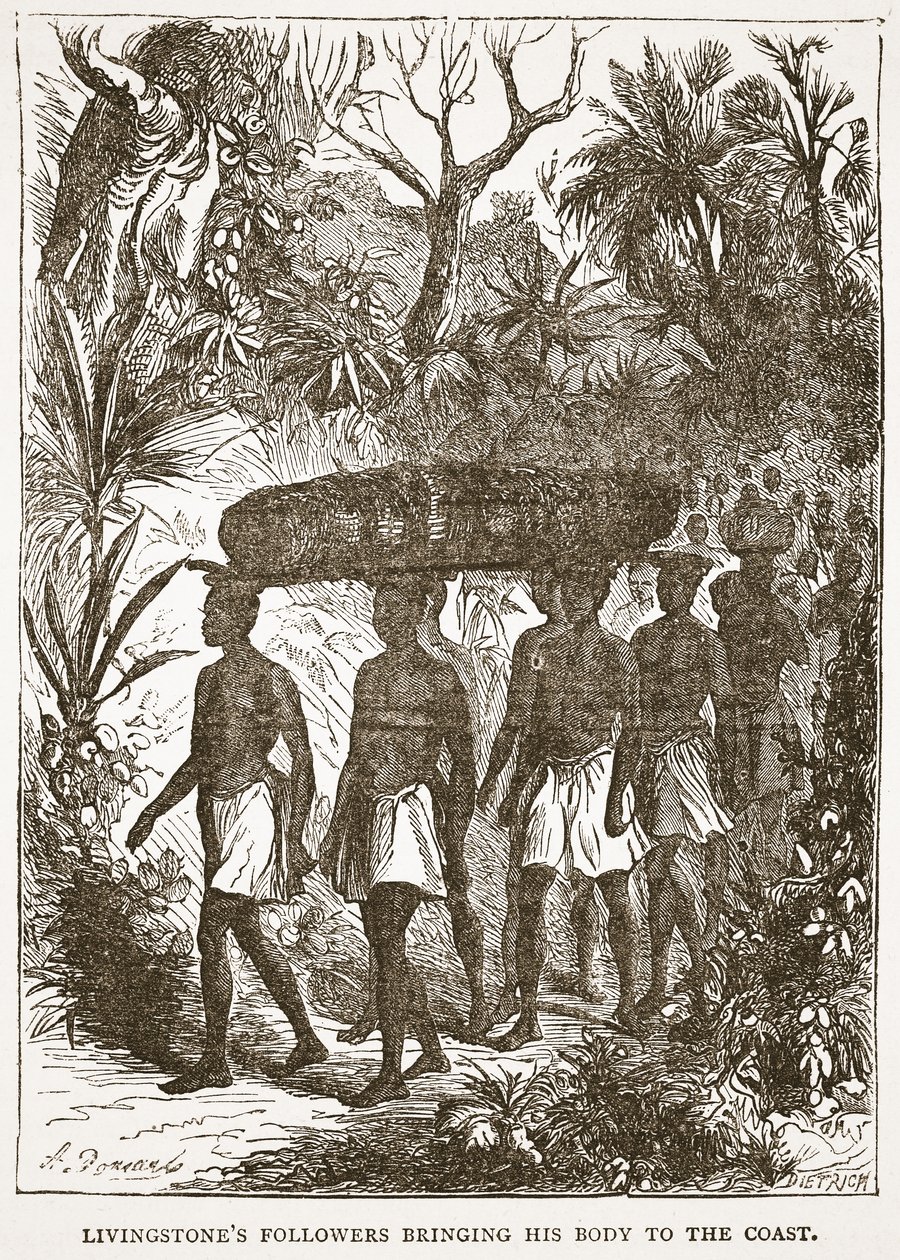 Livingstones-seuraajat tuovat hänen ruumiinsa rannikolle, kuvitus J. Ewing Richien pubista The Pictorial Edition of the Life and Discoveries of David Livingstone. kirjoittanut A. Fullarton & Co., 1876 (li tekijältä English School