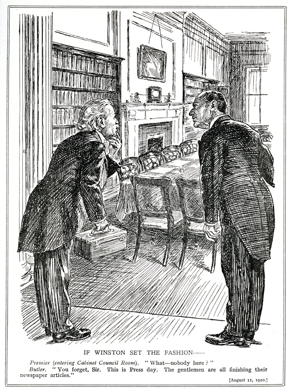 Lloyd George astuu kabinettihuoneeseen, joka on tyhjä ministereistä, jotka kirjoittavat artikkeleita sanomalehtiin, elokuu 1920 tekijältä English School