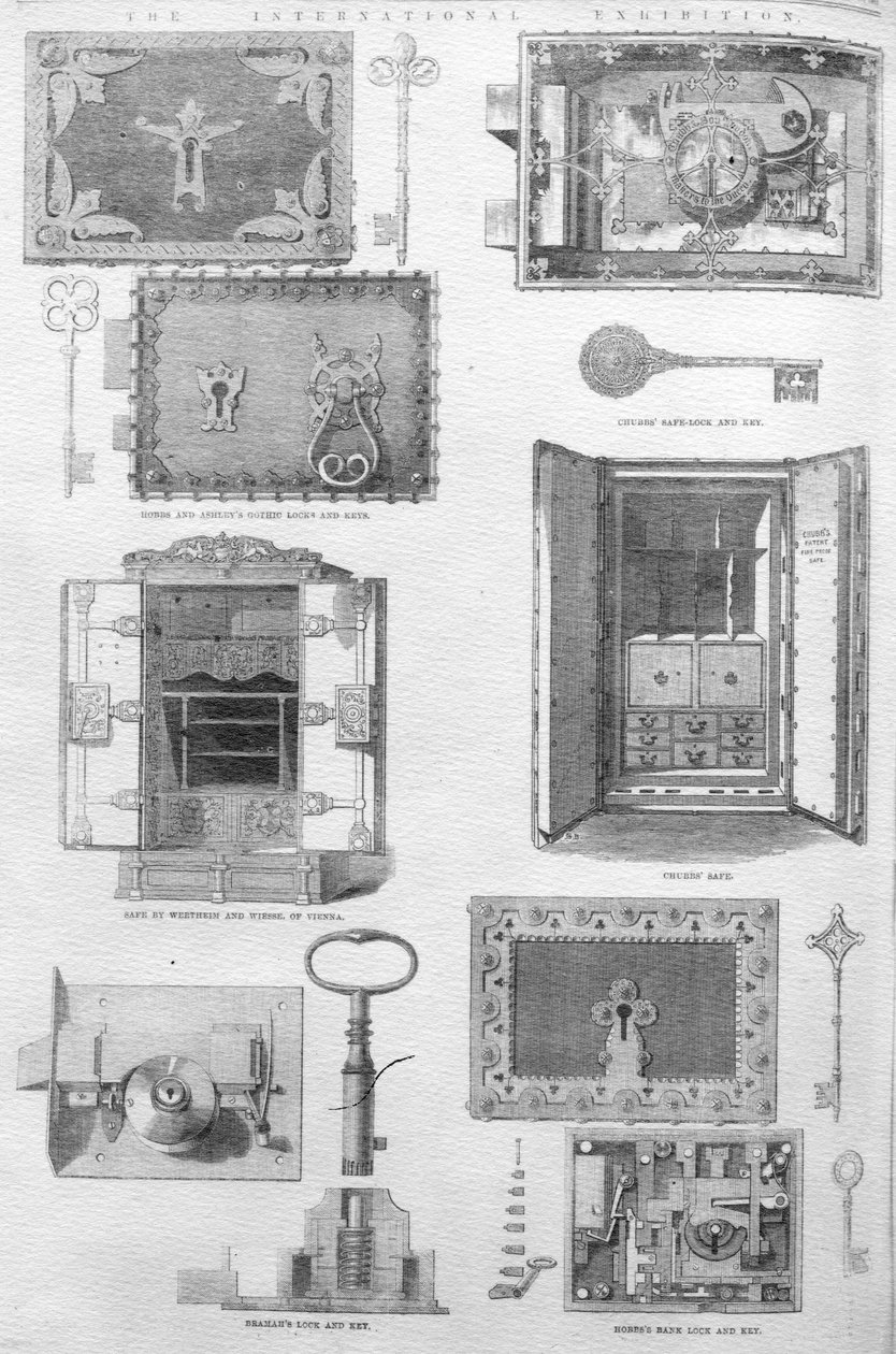 Lukot ja kassakaapit esillä suuressa näyttelyssä 1862, kuvitus The Illustrated London Newsista, 15. marraskuuta 1862 tekijältä English School