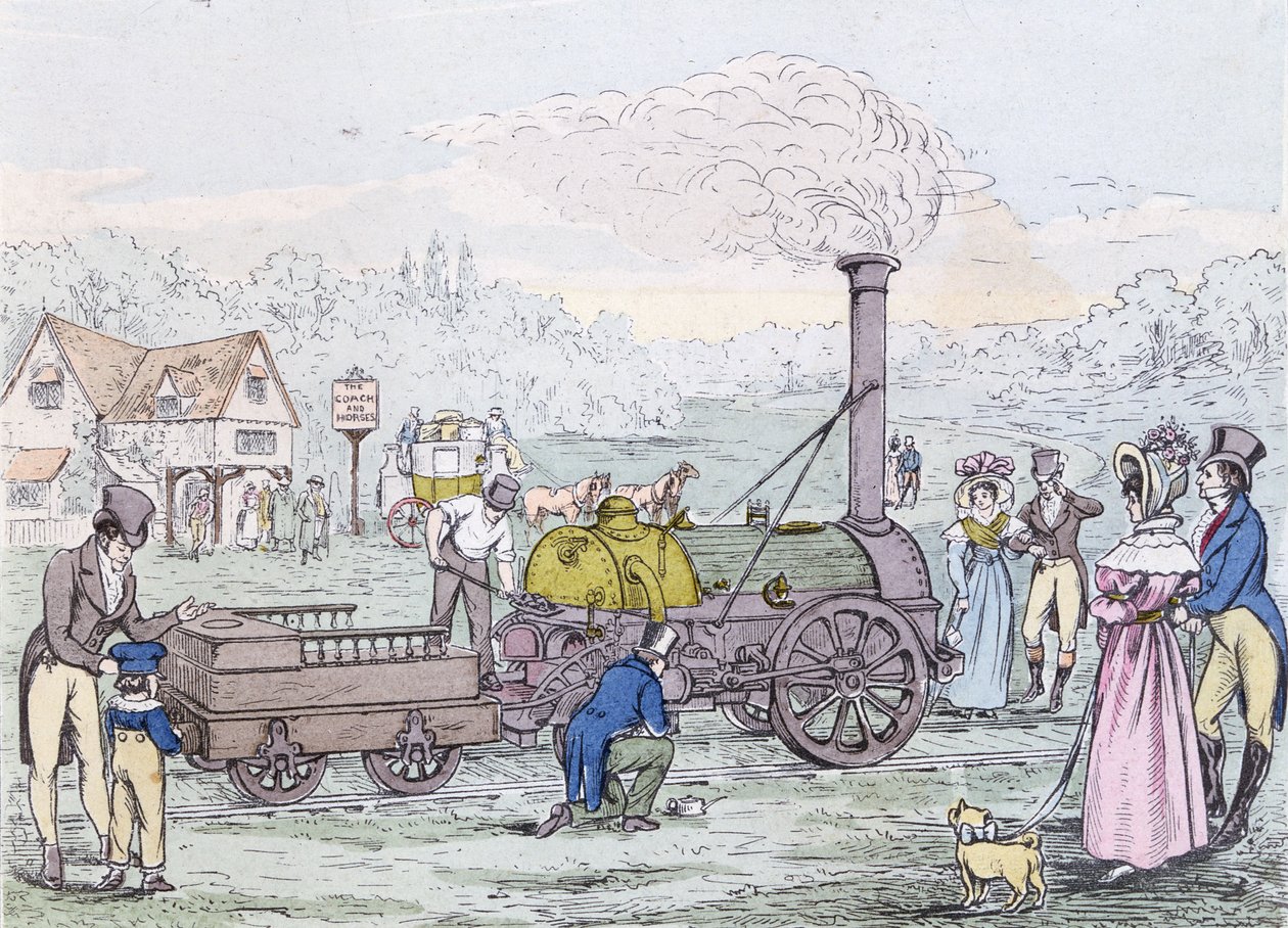 Veturimoottori, raketti vuonna 1830, rakennutti George Stephenson (1781-1848) (akvatinta) tekijältä English School