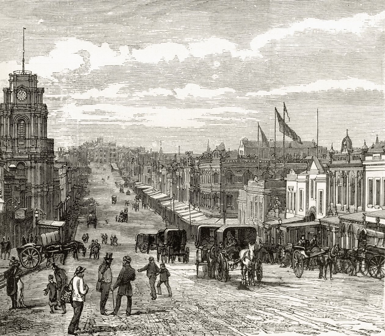 Katse itään alas Bourke Streetillä, Melbournessa, n. 1880, Howard Willoughbyn "Australian Picturesistä", julkaisija Religious Tract Society, Lontoo, 1886 tekijältä English School