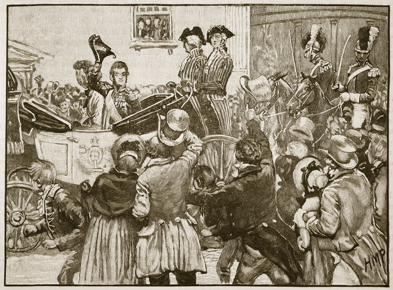 Lord Anglesey lähtee Irlannista, Kingstown, 1828, kuvitus Cassellin Englannin kuvitetusta historiasta (seepiakuva) tekijältä English School