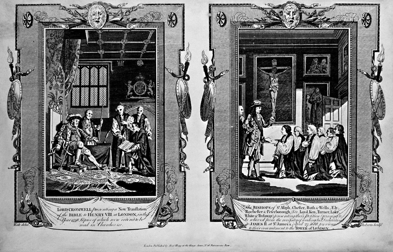 Lordi Cromwell esittelee Raamatun Henrik VIII:lle ja piispat esittäen anomuksen James II:lle vuonna 1688 Paul Wrightin "Uudesta ja täydellisestä marttyyrien kirjasta" tekijältä English School