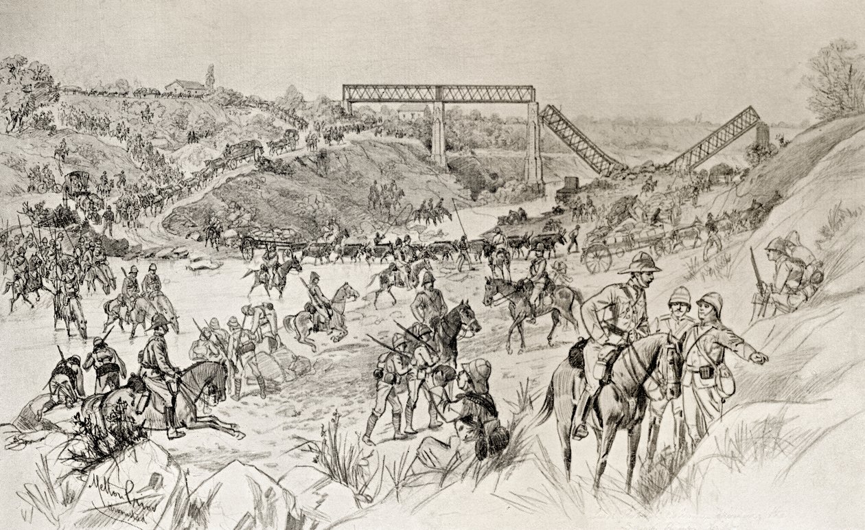Lord Robertsin pylväs, joka ylitti Sand River Driftin toisen buurisodan aikana, Louis Creswicken teoksesta Etelä-Afrikka ja Transvaalin sota, julkaistu 1900 (litho) tekijältä English School